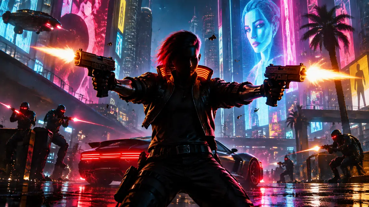 Ви из Cyberpunk 2077 стреляет с двух пистолетов посреди неонового Найт-Сити, постер в стиле киберпанк
