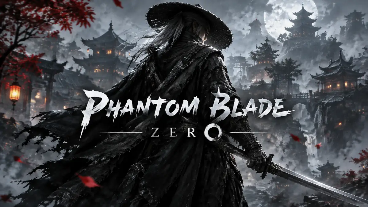 Мечник в чёрном плаще с клинком на фоне туманного восточного города, логотип Phantom Blade Zero