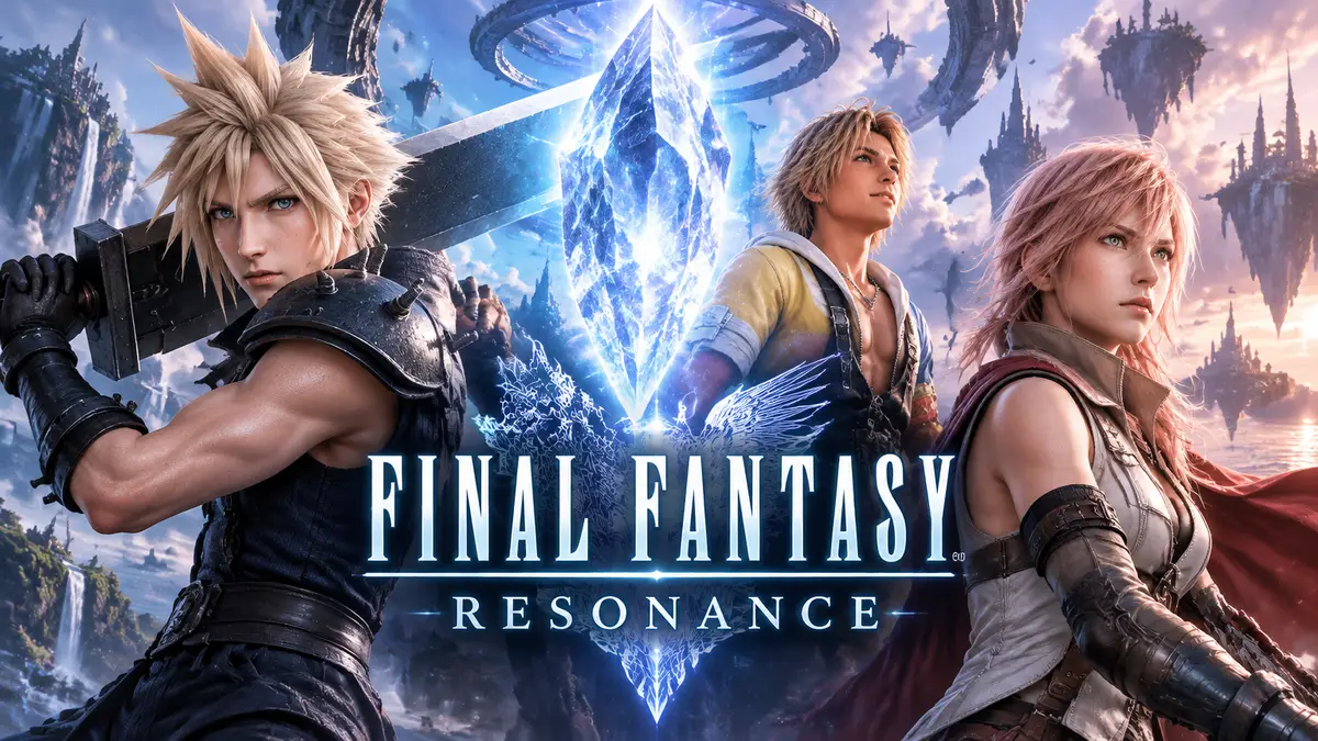 Cloud, Tidus и Lightning у светящегося кристалла в стиле key art Final Fantasy Resonance, логотип игры