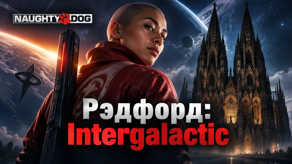 Героиня Intergalactic на фоне готического собора и космоса, логотип Naughty Dog, эпоха игр до ИИ
