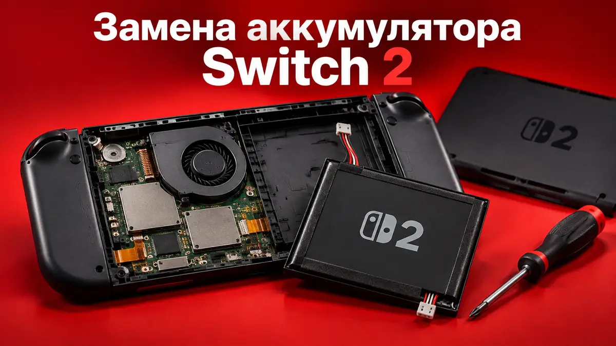 Консоль Nintendo Switch 2 со снятой задней крышкой и извлечённым аккумулятором, рядом отвёртка, красный фон