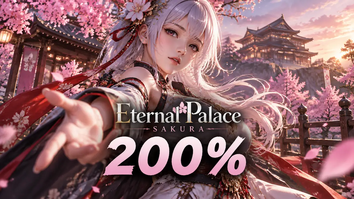 Героиня Retla из Eternal Palace Sakura в центре на фоне японского дворца и цветущей сакуры, логотип игры