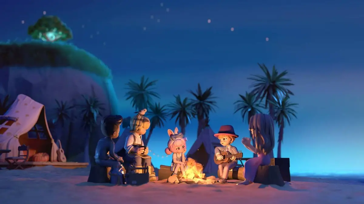 A Heartopie official image showing some characters around a firepit