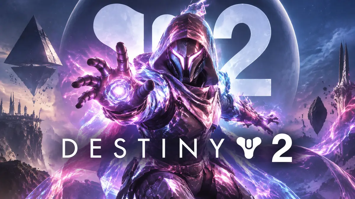 Билды Destiny 2: Страж в светящейся броне Prismatic с энергией подклассов на фоне логотипа Destiny 2