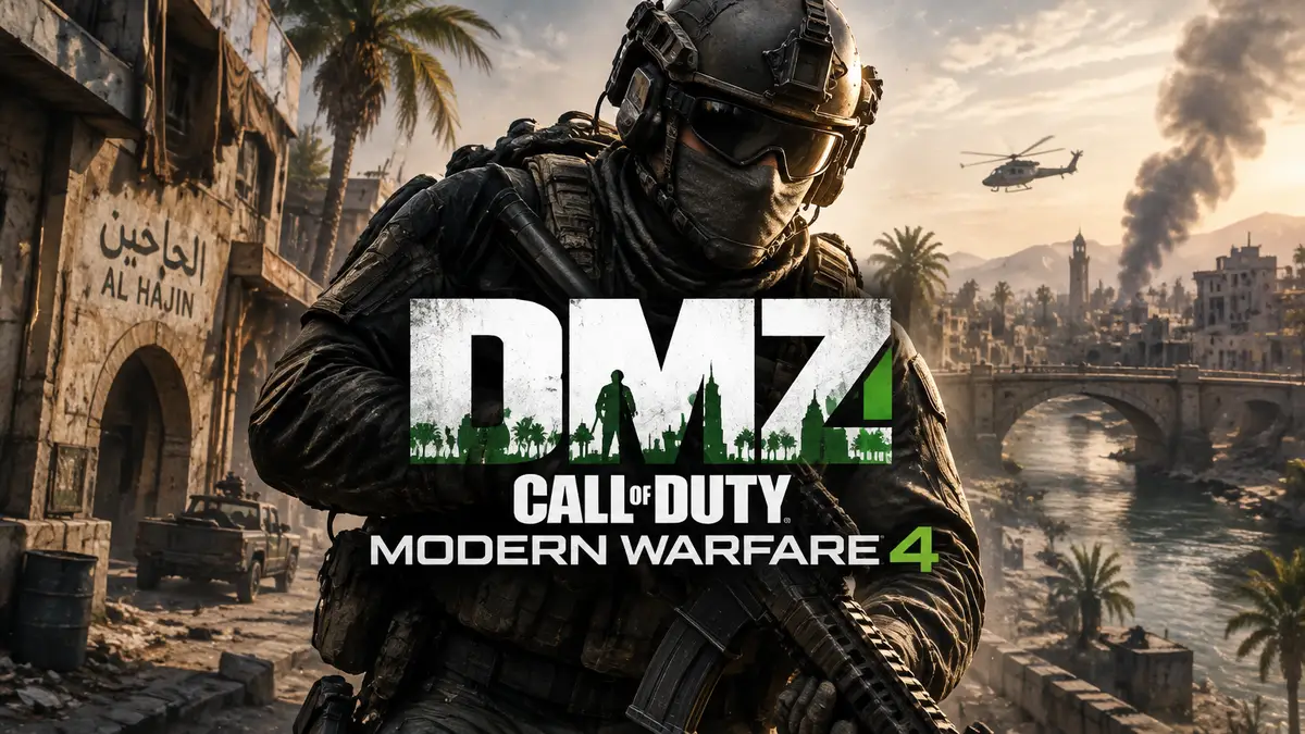 Боец в тактическом снаряжении на фоне улиц города Хаджин, логотип DMZ Call of Duty: Modern Warfare 4