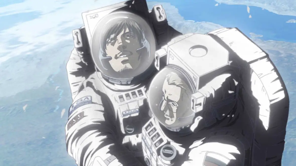Gorou and Lostman embrace in space in Moonlight Mile.