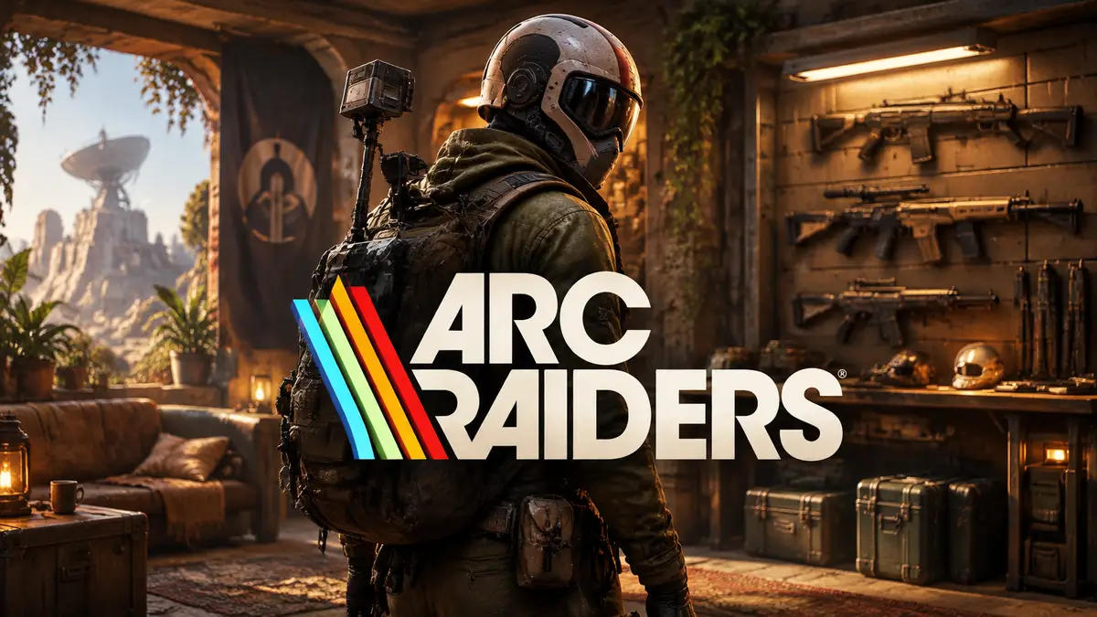 Рейдер ARC Raiders в снаряжении стоит в уютной базе Outpost со стойкой оружия на стене, логотип игры
