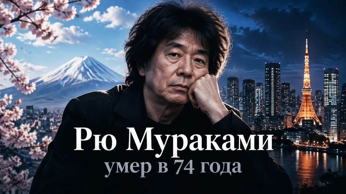 Портрет японского писателя Рю Мураками на фоне голубого неба и ночного Токио, постер памяти