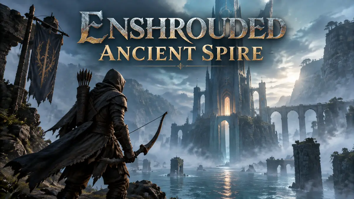 Древний шпиль Ancient Spire над туманными водами Veilwater Basin, путник с луком у подножия, стиль Enshrouded
