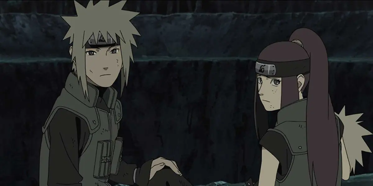 Minato and Kushina looking back in Road to Ninja