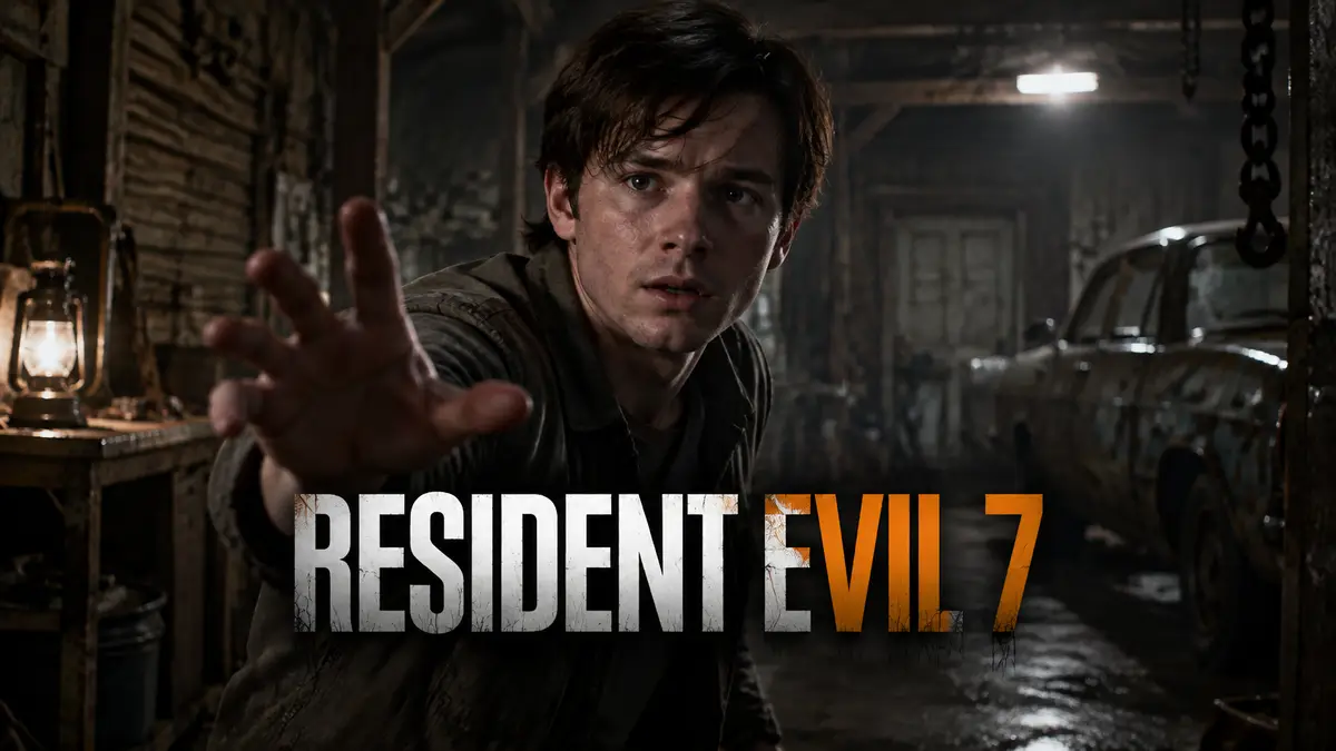Итан Уинтерс в гараже дома Бейкеров на болотах, мрачный стиль Resident Evil 7, постер фан-фильма