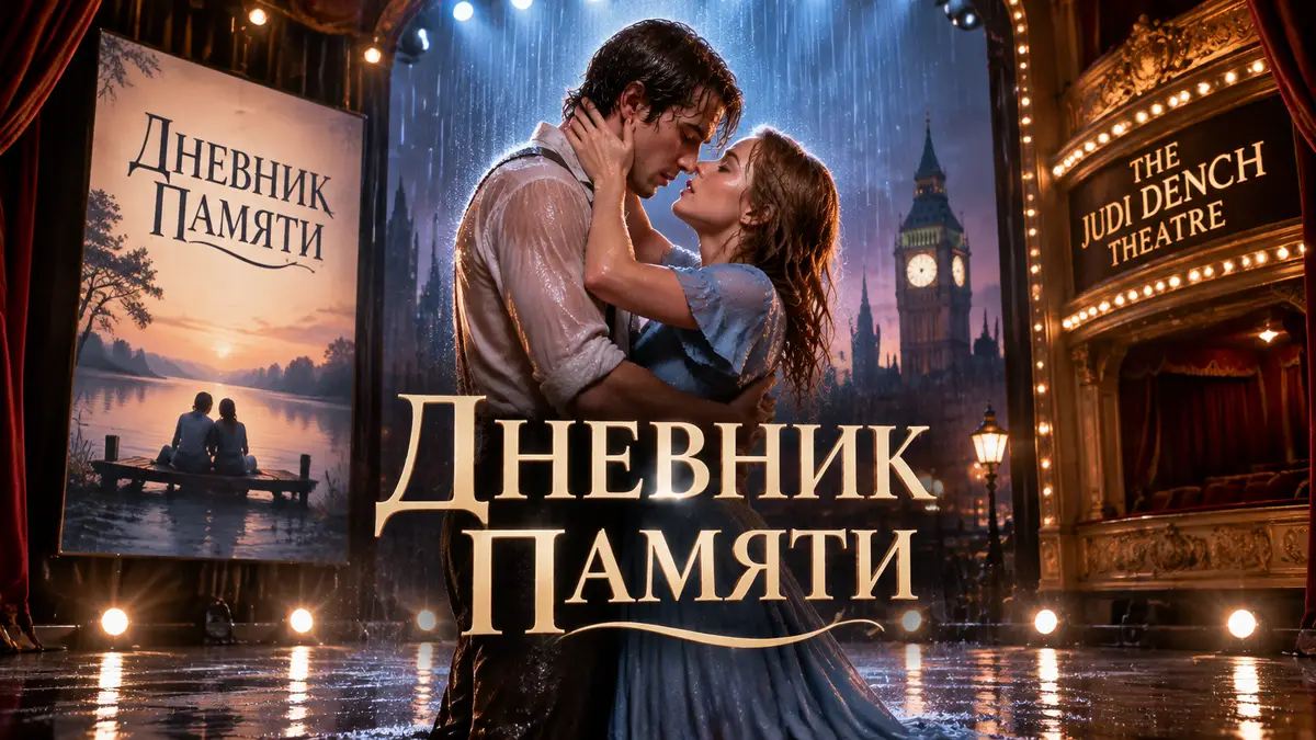Влюблённая пара в объятиях под дождём на сцене театра Джуди Денч, афиша мюзикла «Дневник памяти»