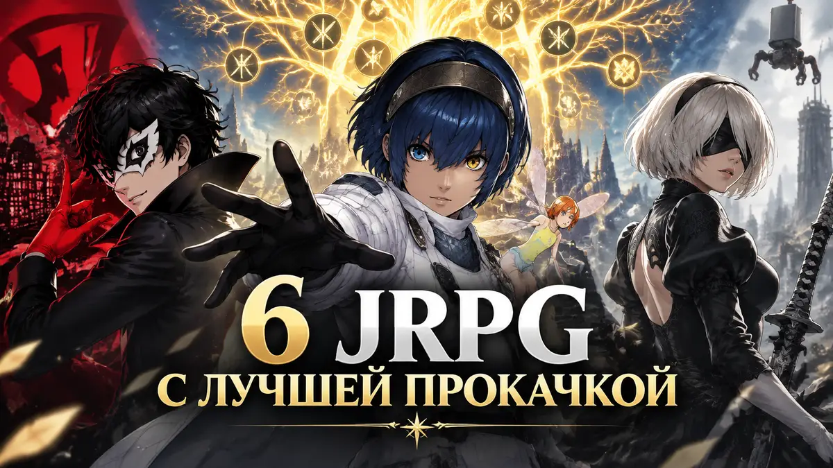 Герои JRPG Metaphor: ReFantazio, Persona 5 Royal и NieR: Automata на фоне сияющего древа прокачки