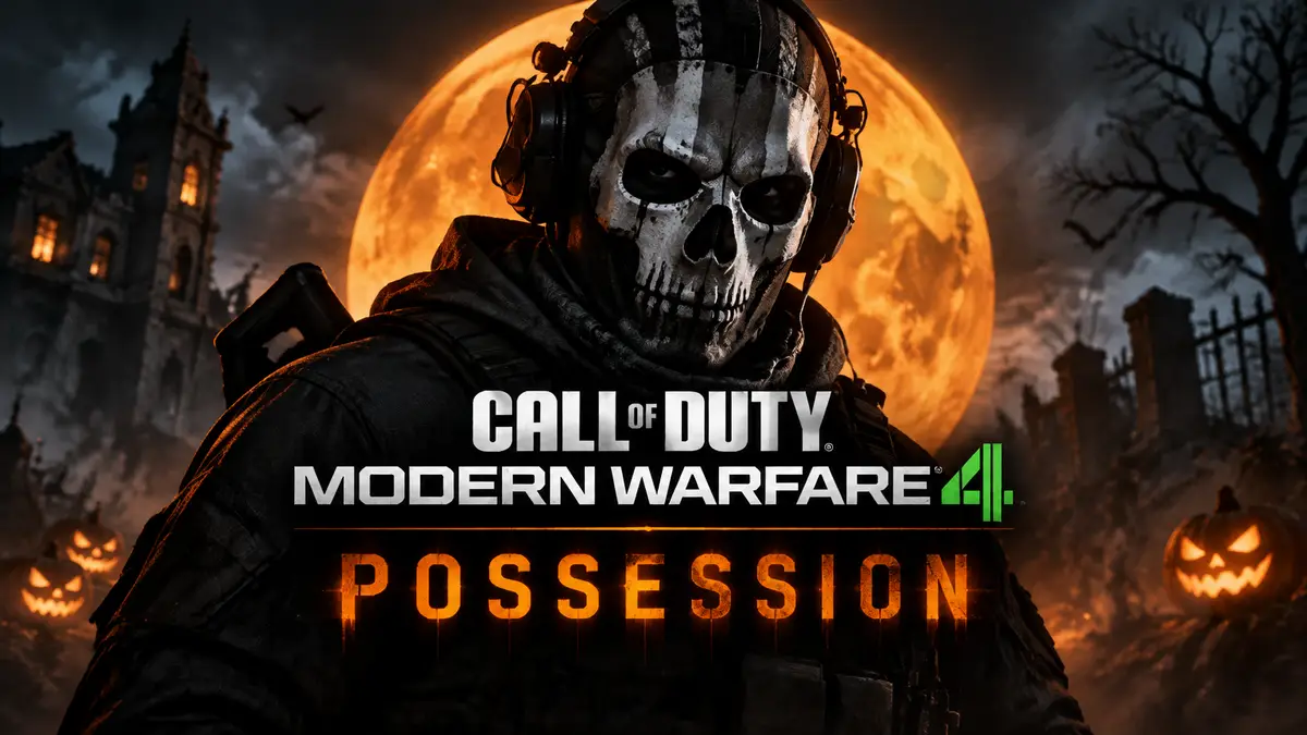 Призрачный оперативник в маске на фоне хэллоуинской луны, логотип Call of Duty: Modern Warfare 4