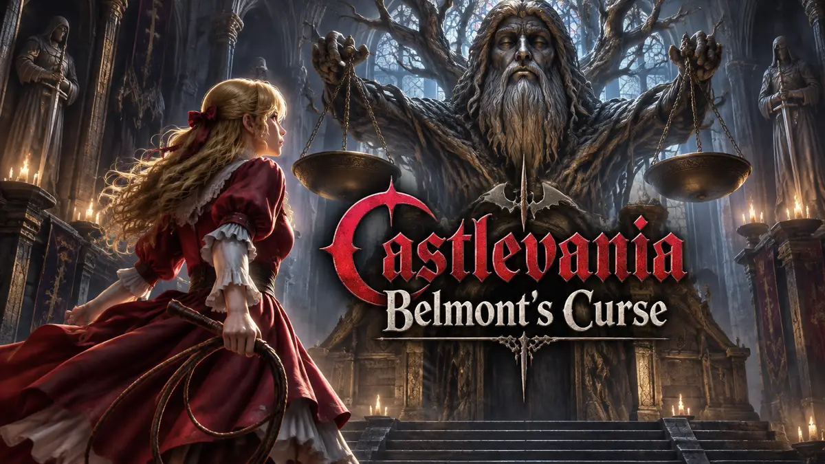 Роуз из Castlevania: Belmont's Curse перед древоподобным Судьёй и весами в готическом Palace of Justice