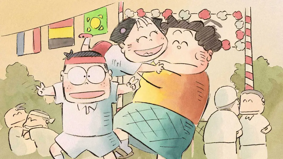 Matsuko celebrates with Noboru and Nonoko on sports day in My Neighbors the Yamadas.