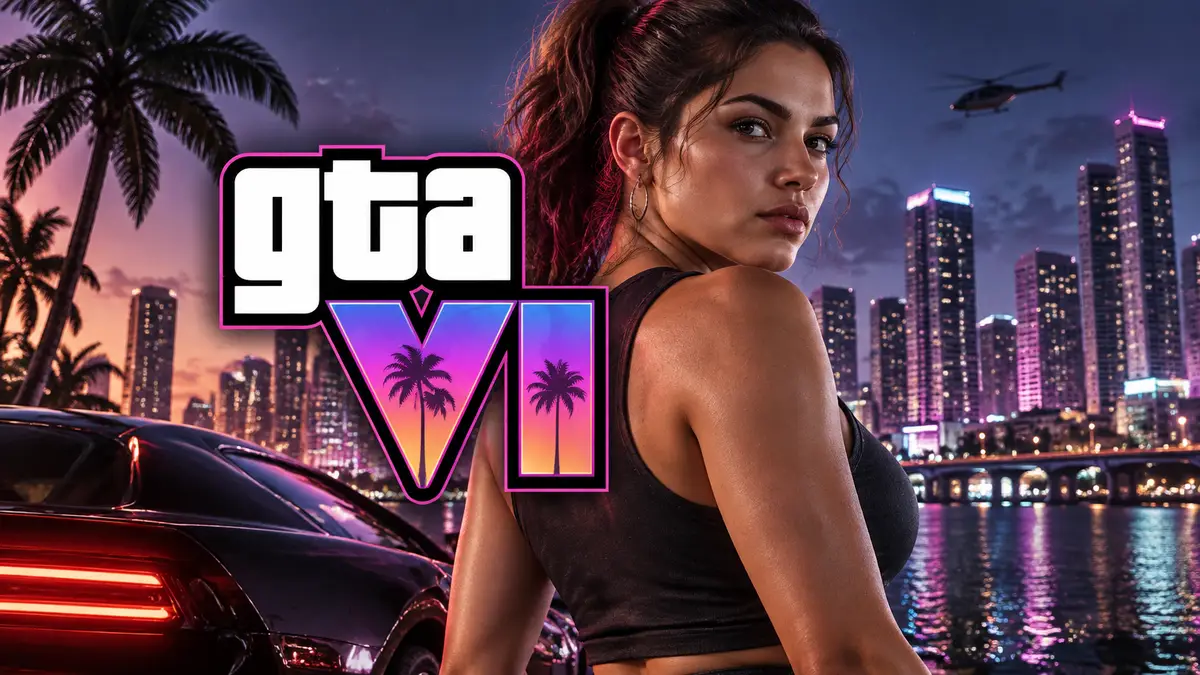 Героиня Люсия из Grand Theft Auto VI на фоне ночного мегаполиса в стиле постера