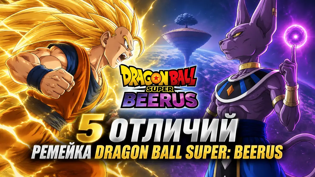 Гоку в форме Super Saiyan 3 с золотыми волосами против спокойного Бируса, постер Dragon Ball Super: Beerus
