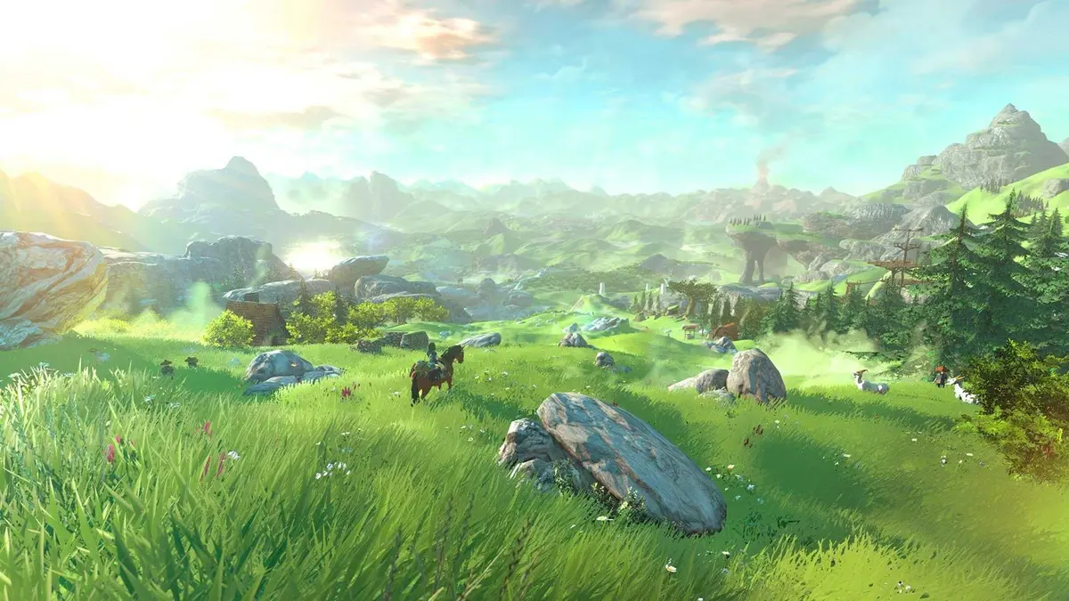 A Screenshot of Link Riding a Horse Through Hyrule Field in The Legend of Zelda Breath of the Wild