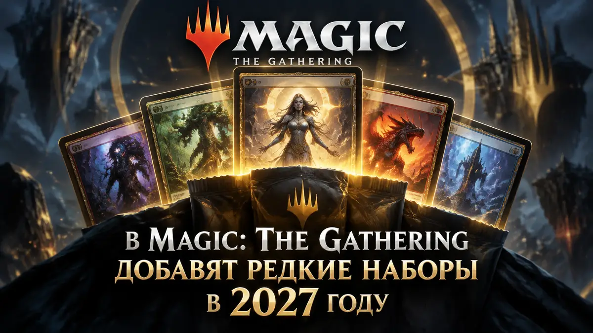 Коллекционные карты и логотип Magic The Gathering на темном фоне