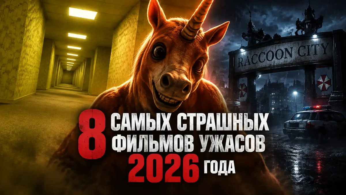 Постер фильмов ужасов 2026: жёлтый бесконечный коридор Backrooms, оранжевый единорог Бадди и Раккун-Сити