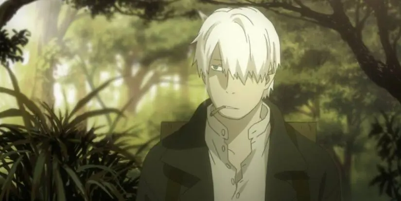 Ginko wanders through a forest while smoking Mushi Soot Grass in Mushishi.