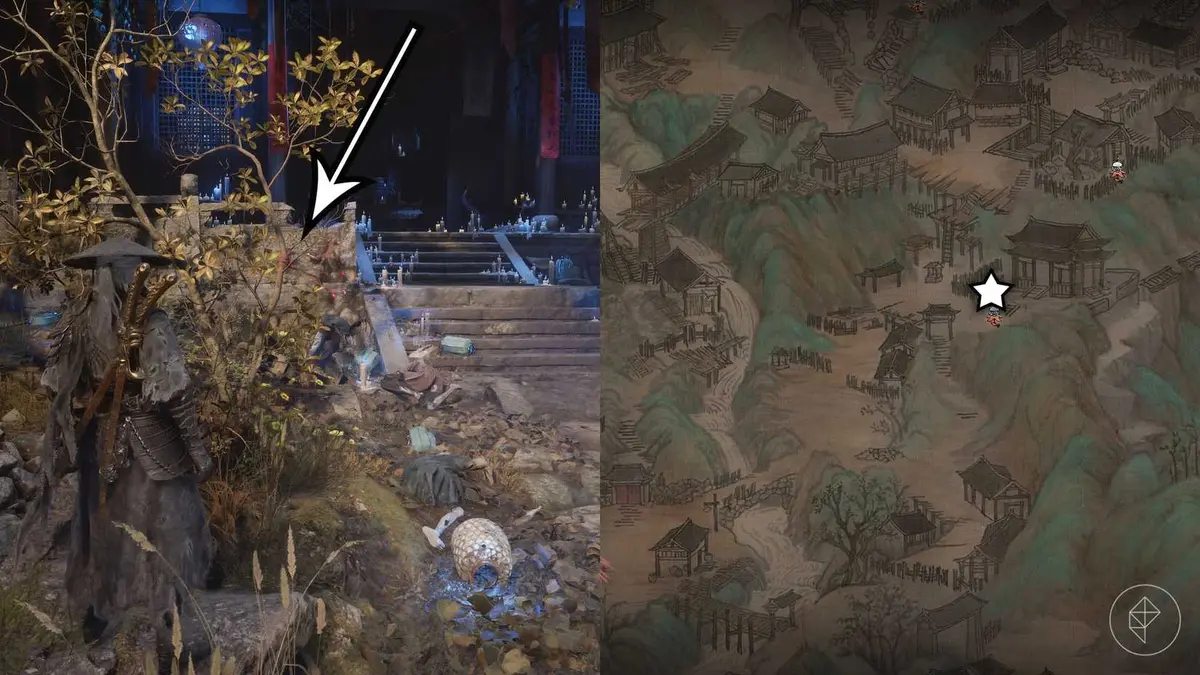 A Phantom Blade Zero montage showing the location of a ribbon in Village of Lu