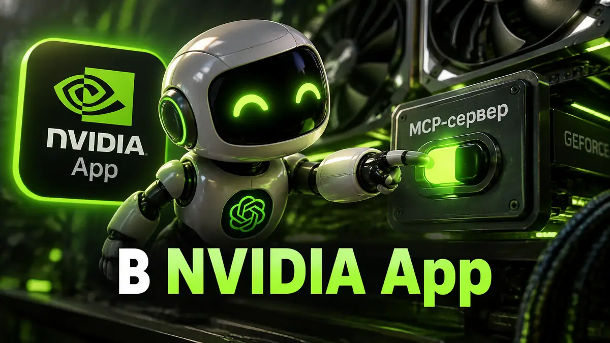 Логотип NVIDIA App в зелёных тонах, рядом ИИ-агент тянется к переключателю MCP-сервера на фоне видеокарты