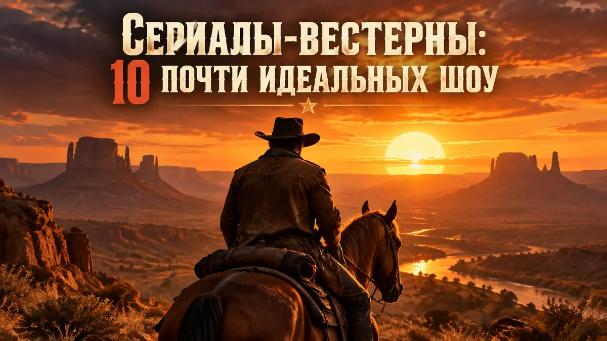 Ковбой в шляпе на коне на фоне закатной прерии, постер подборки сериалов-вестернов Collider