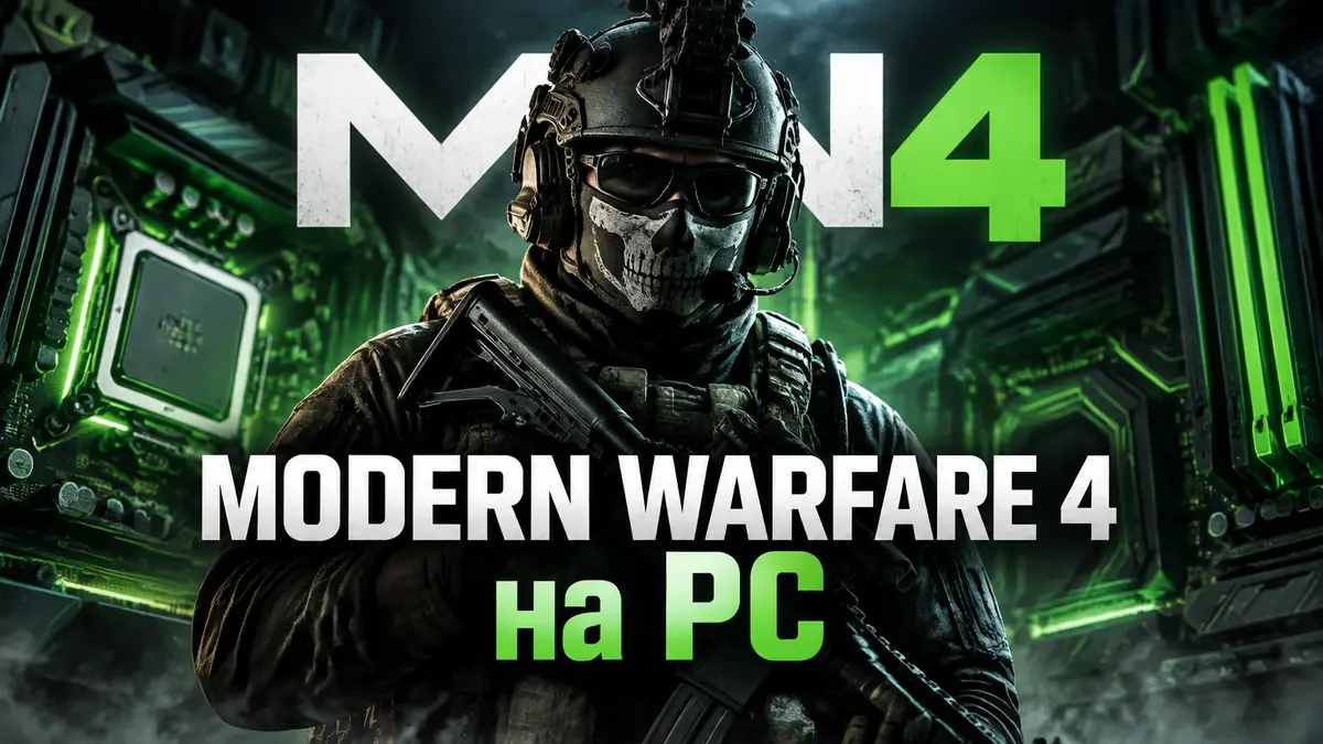 Солдат Call of Duty: Modern Warfare 4 на фоне светящейся материнской платы ПК и логотипа MW4