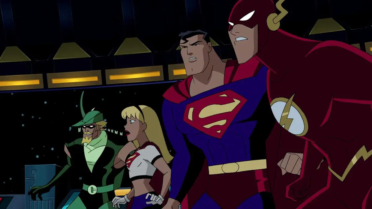 Green Arrow, Supergirl, Superman, and Flash in Justice League Unlimited