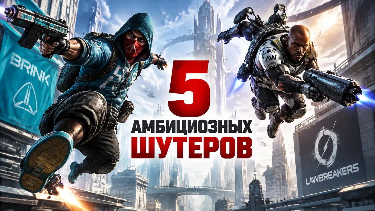 Солдаты будущего из амбициозных шутеров Brink и LawBreakers в прыжке на фоне футуристического города