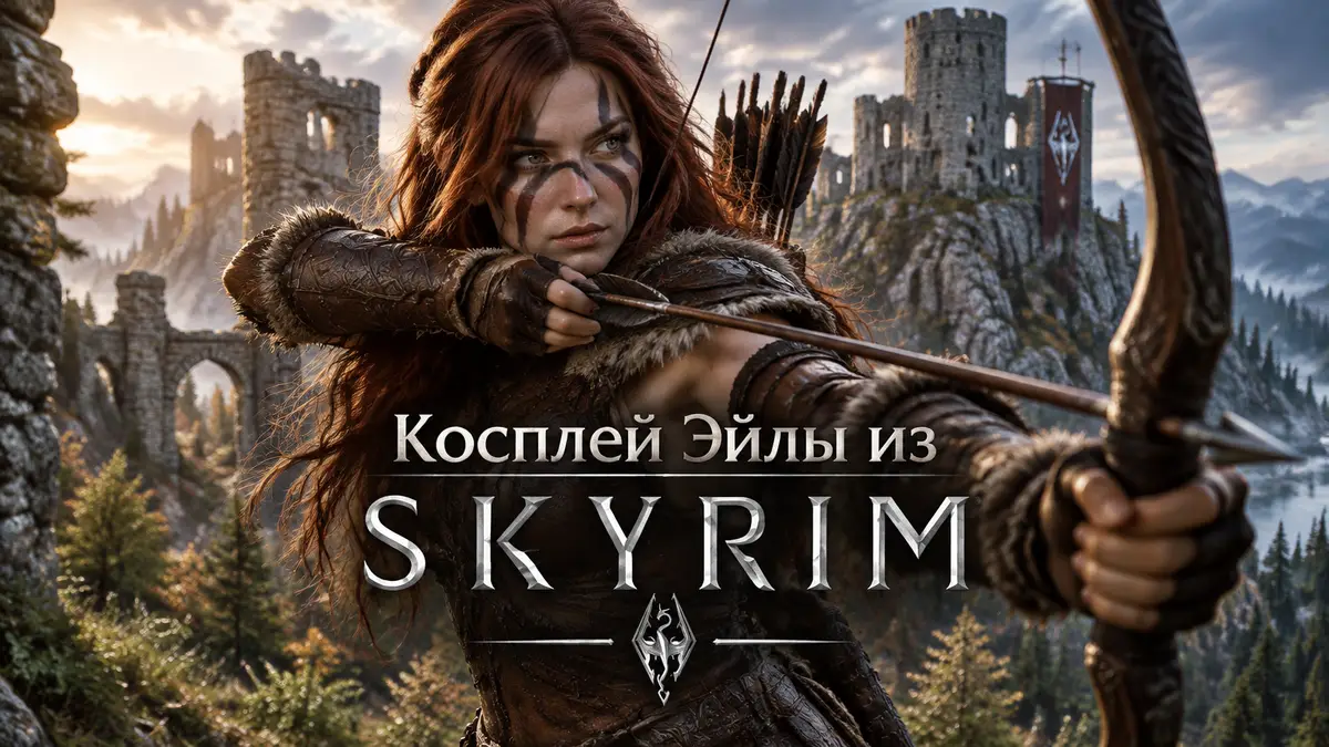 Эйла Охотница из Skyrim с луком в кожаном доспехе на фоне каменных руин замка в скалах и леса