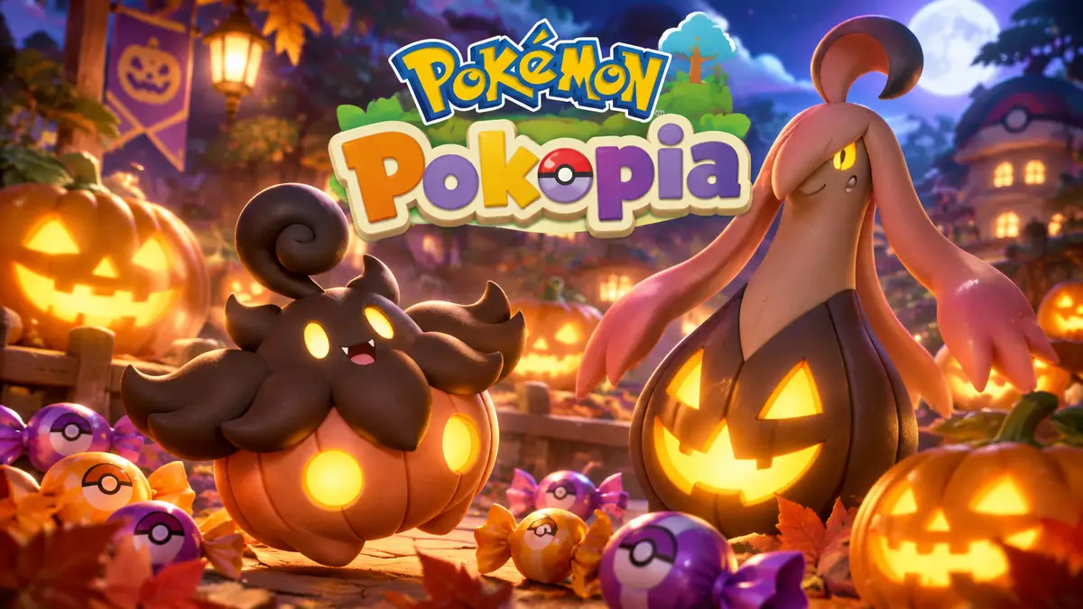Pumpkaboo и Gourgeist среди светящихся тыквенных фонарей и конфет, хэллоуинский ивент Pokemon Pokopia