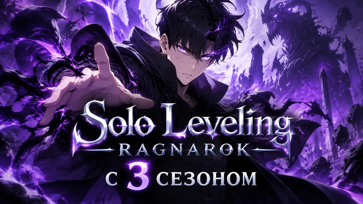 Сон Сухо с фиолетовой аурой на постере третьего сезона манхвы Solo Leveling: Ragnarok