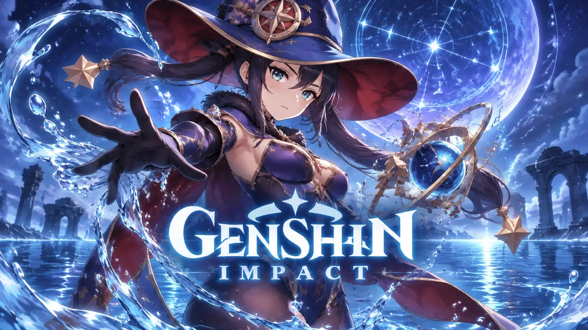 Мона из Genshin Impact с гидро-катализатором на фоне звёздного неба и водной глади, ключевой арт