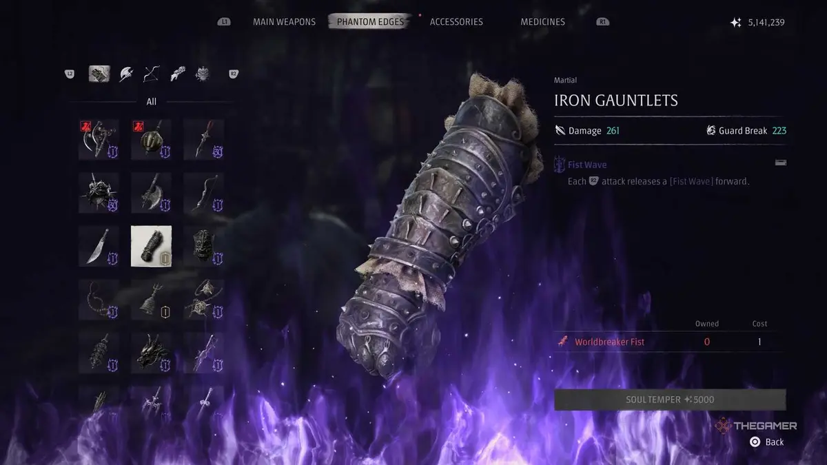 Iron Gauntlets upgrade screen, phantom blade zero.