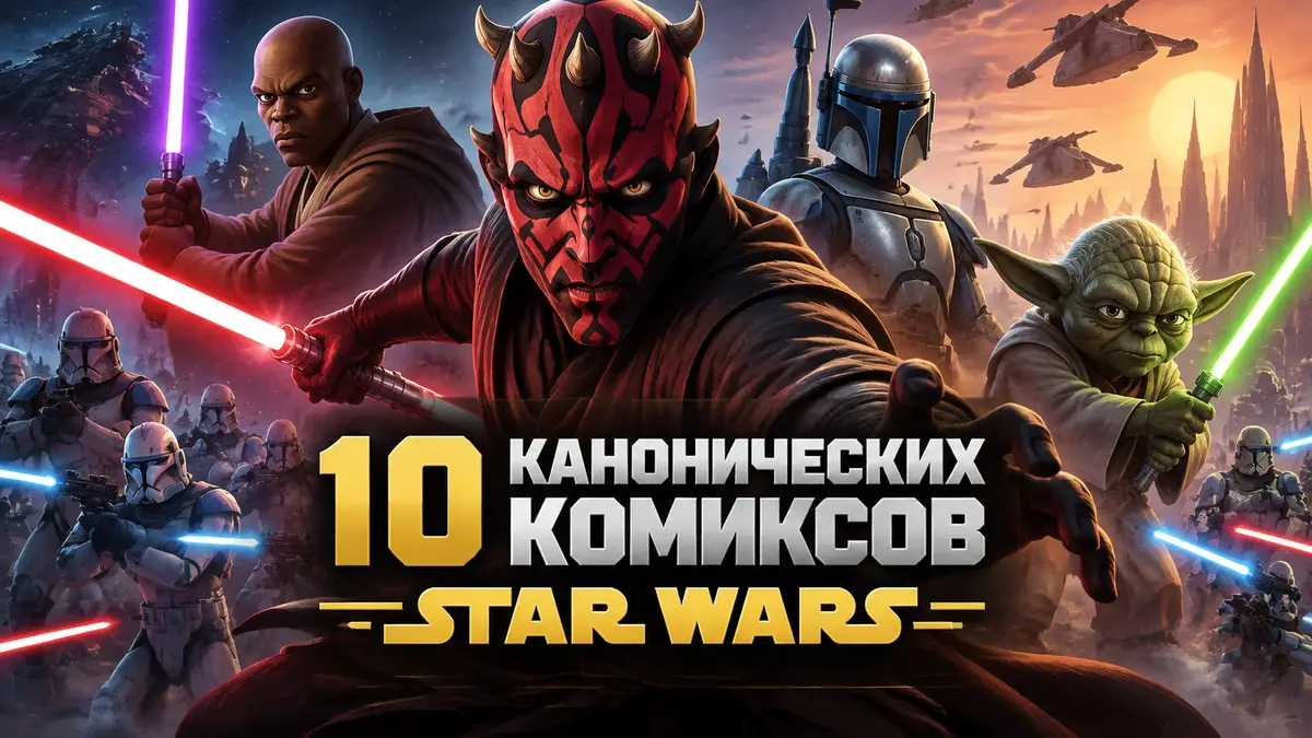 Дарт Мол с красным световым мечом на фоне клонов и джедаев, обложка комикса Star Wars в стиле «Войн клонов»