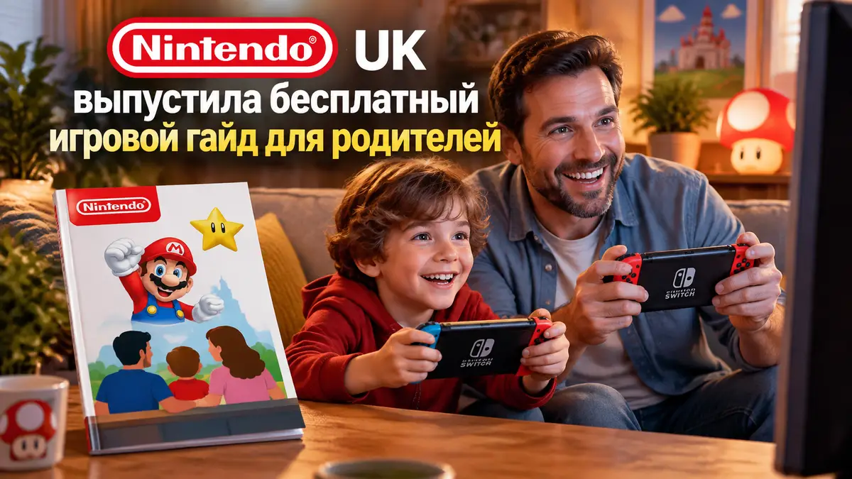 Родитель и ребёнок вместе играют за консолью Nintendo в уютной гостиной, рядом гайд по играм для родителей