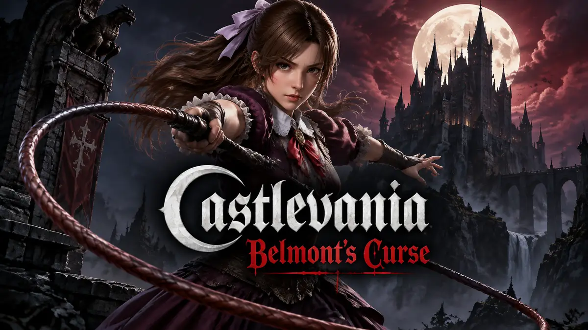 Rose из Castlevania: Belmont's Curse с хлыстом на фоне готического замка в мрачном стиле серии