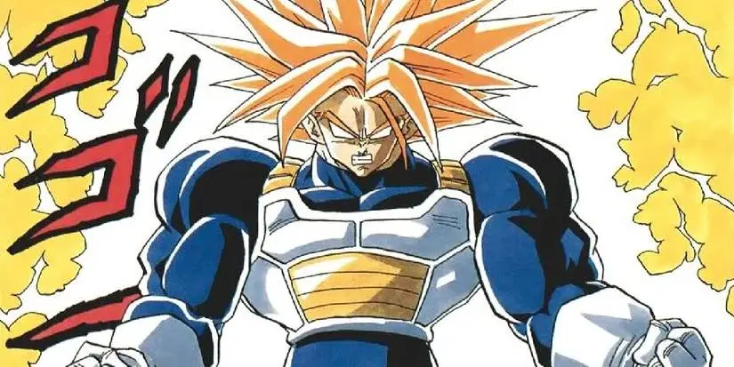 Trunks Goes Super Saiyan Third Grade with clouds of energy around him in the original Dragon Ball manga.