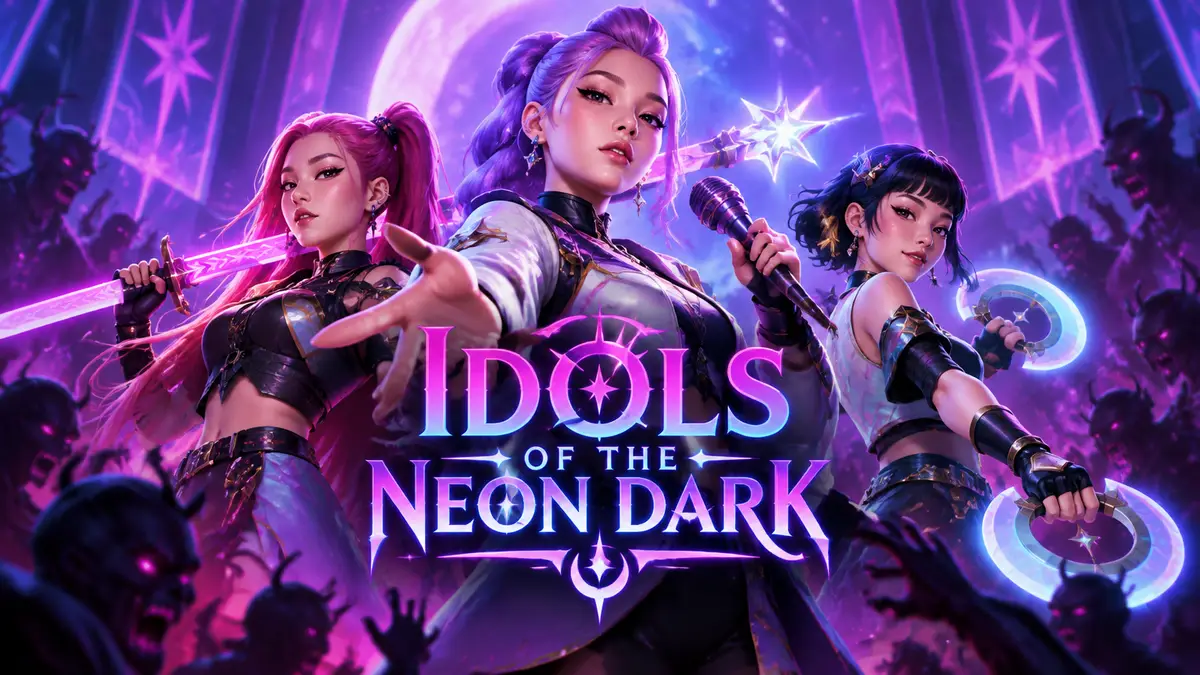 Три айдола-охотницы на демонов на неоновой сцене, key art настольной RPG Idols of the Neon Dark для D&D