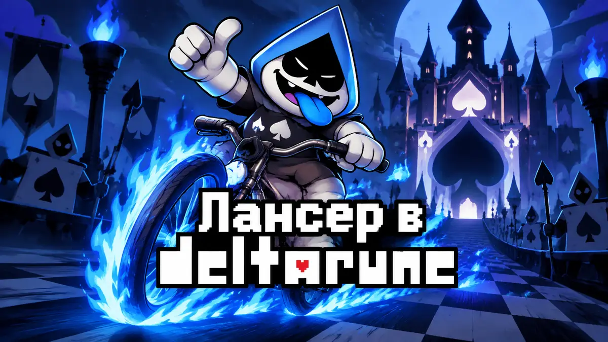 Лансер из Deltarune на горящем велосипеде с синим языком на фоне Card Castle и символов пик