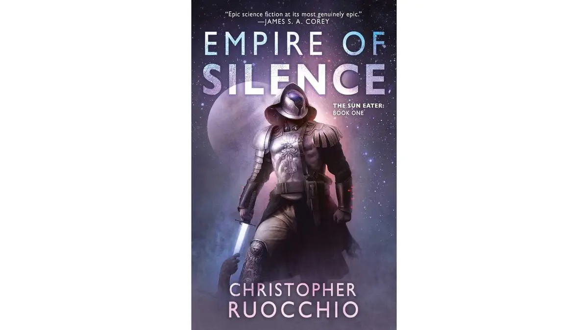 Empire of Silence by Christopher Ruocchio featuring a soldier blending classical and futuristic elements against a backdrop of space