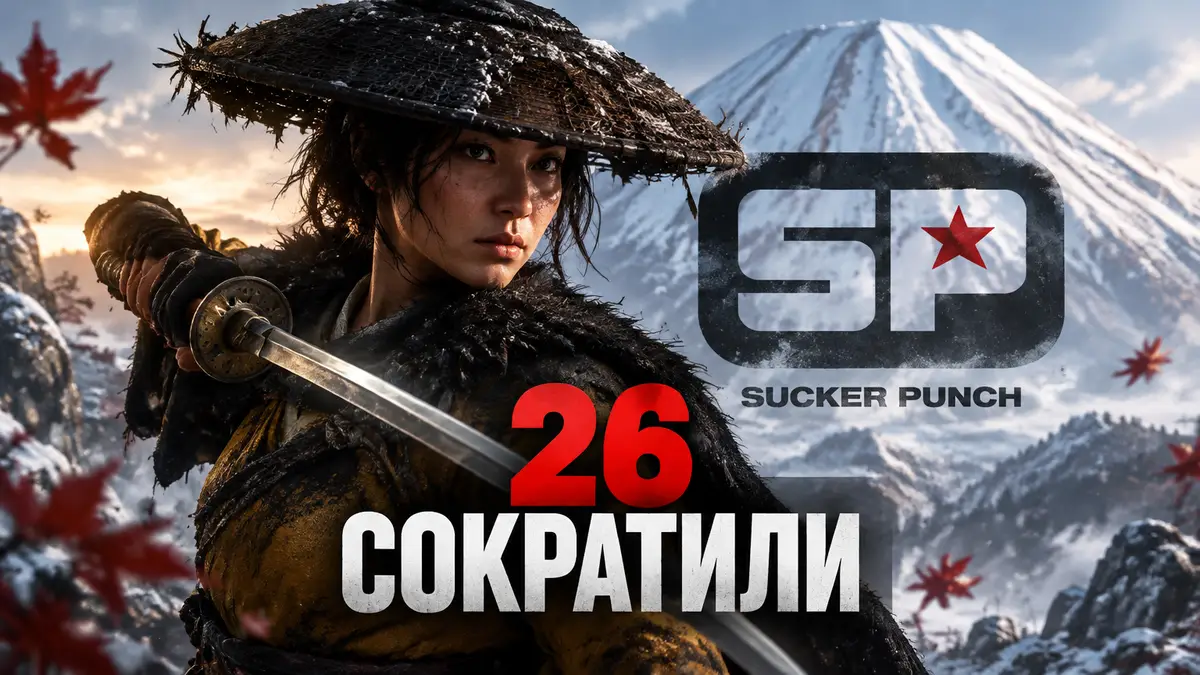 Самурай-воительница из Ghost of Yotei на фоне заснеженной горы и логотипа студии Sucker Punch