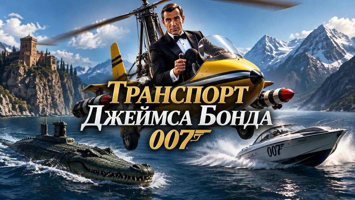 Джеймс Бонд в смокинге на гирокоптере Little Nellie над горами, внизу подлодка-крокодил и катер 007