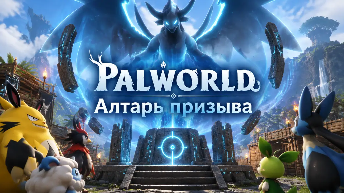 Алтарь призыва в Palworld: древний каменный алтарь на базе, над ним светится силуэт огромного босса-пала