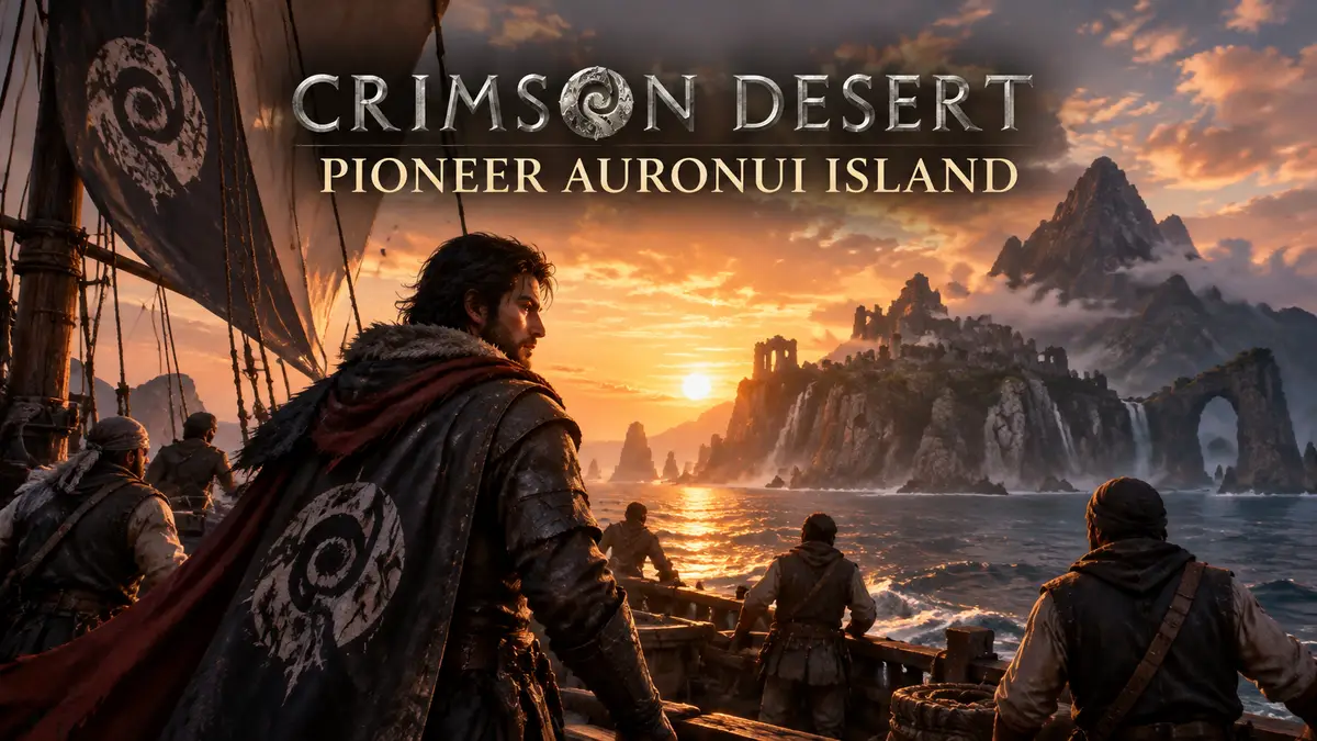 Парусный корабль Crimson Desert у берегов загадочного острова Auronui на закате, команда на палубе