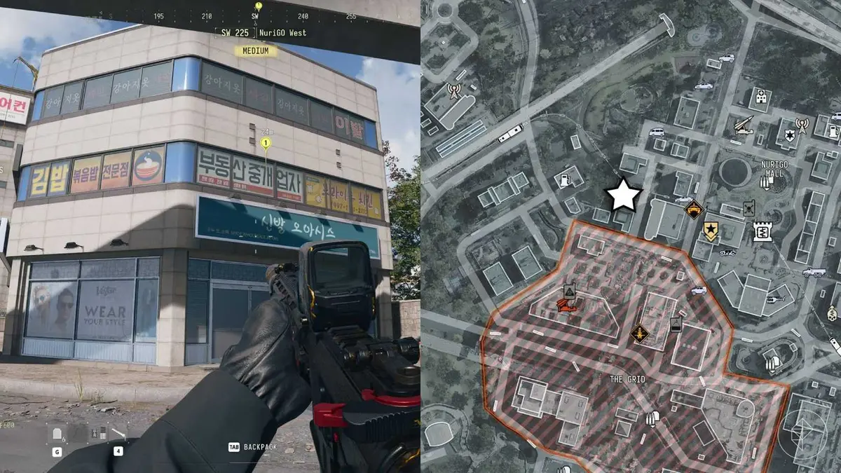 The left-hand side of the image shows the player looking at the building with the coin mining den inside while the right-hand side shows the location marked on the in-game map with a star icon.