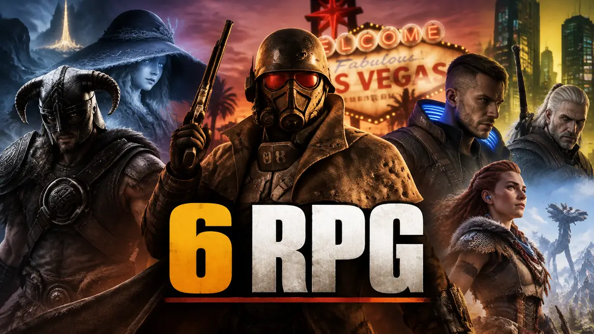 Курьер из Fallout: New Vegas на фоне неоновой вывески Вегаса в окружении героев других RPG с открытым миром